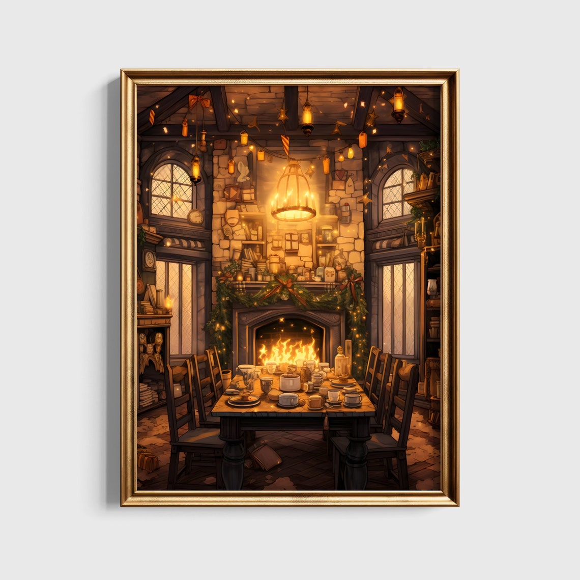 Hufflepuff Common Room at Christmas Fireplace Feast Wizard Poster