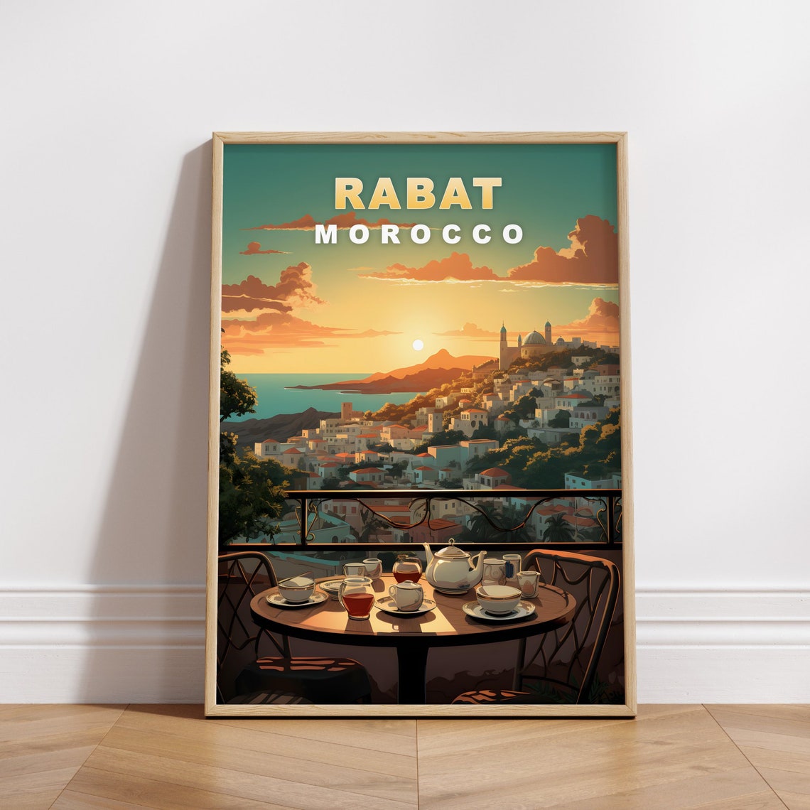 Rabat Morocco Sunset Bay Terrace Tea Table Vintage Travel Poster