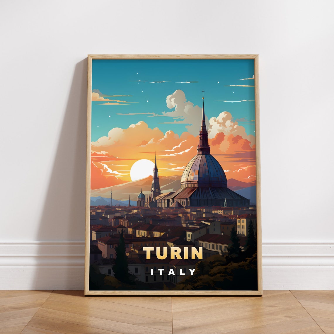 Turin Italy Mole Antonelliana Dome Sunset Skyline Travel Poster