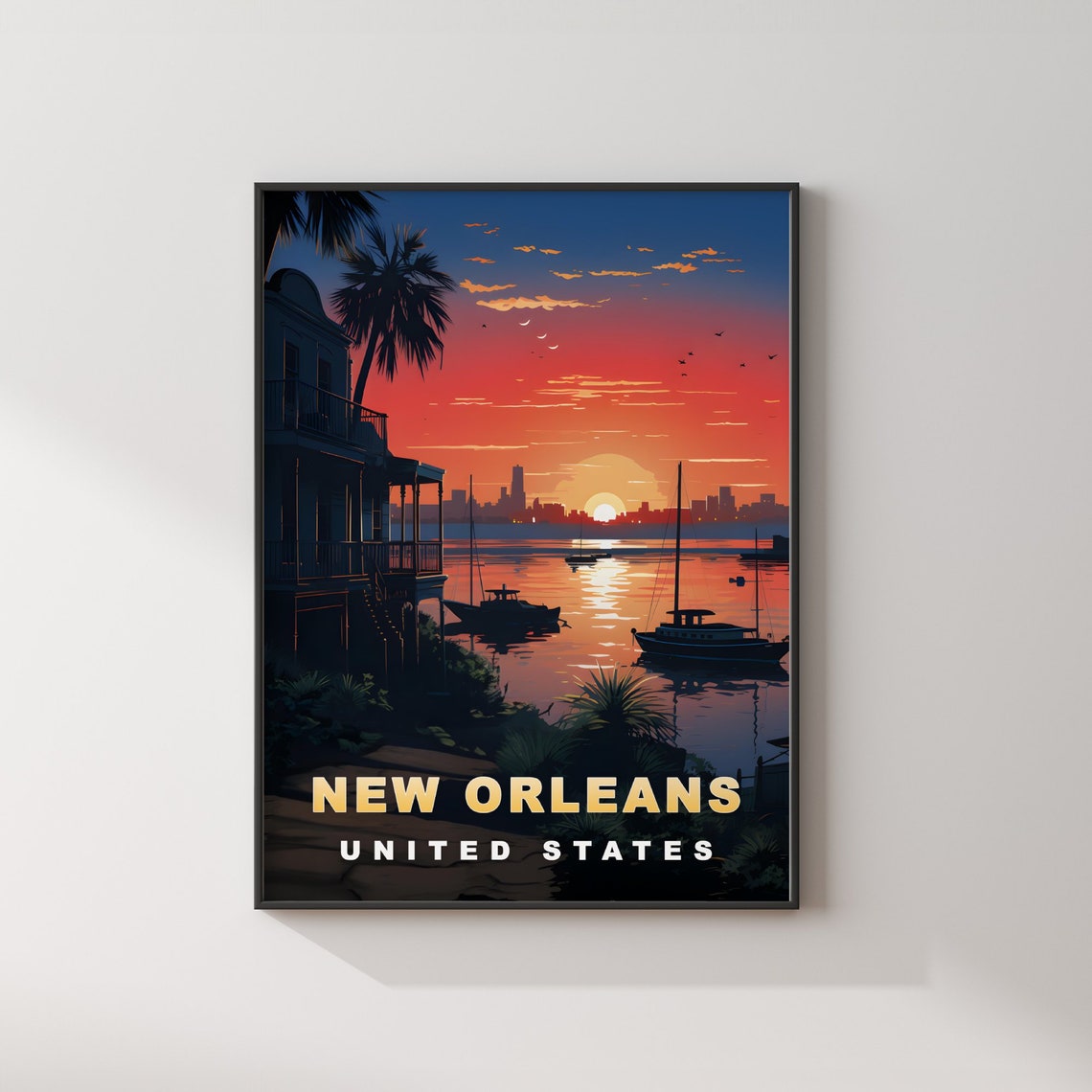 New Orleans Harbor Sunset Boats Waterfront Balcony Travel Poster - Image 2