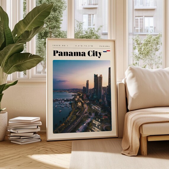Panama City Skyline at Dusk Over the Bay Aerial Travel Poster Art