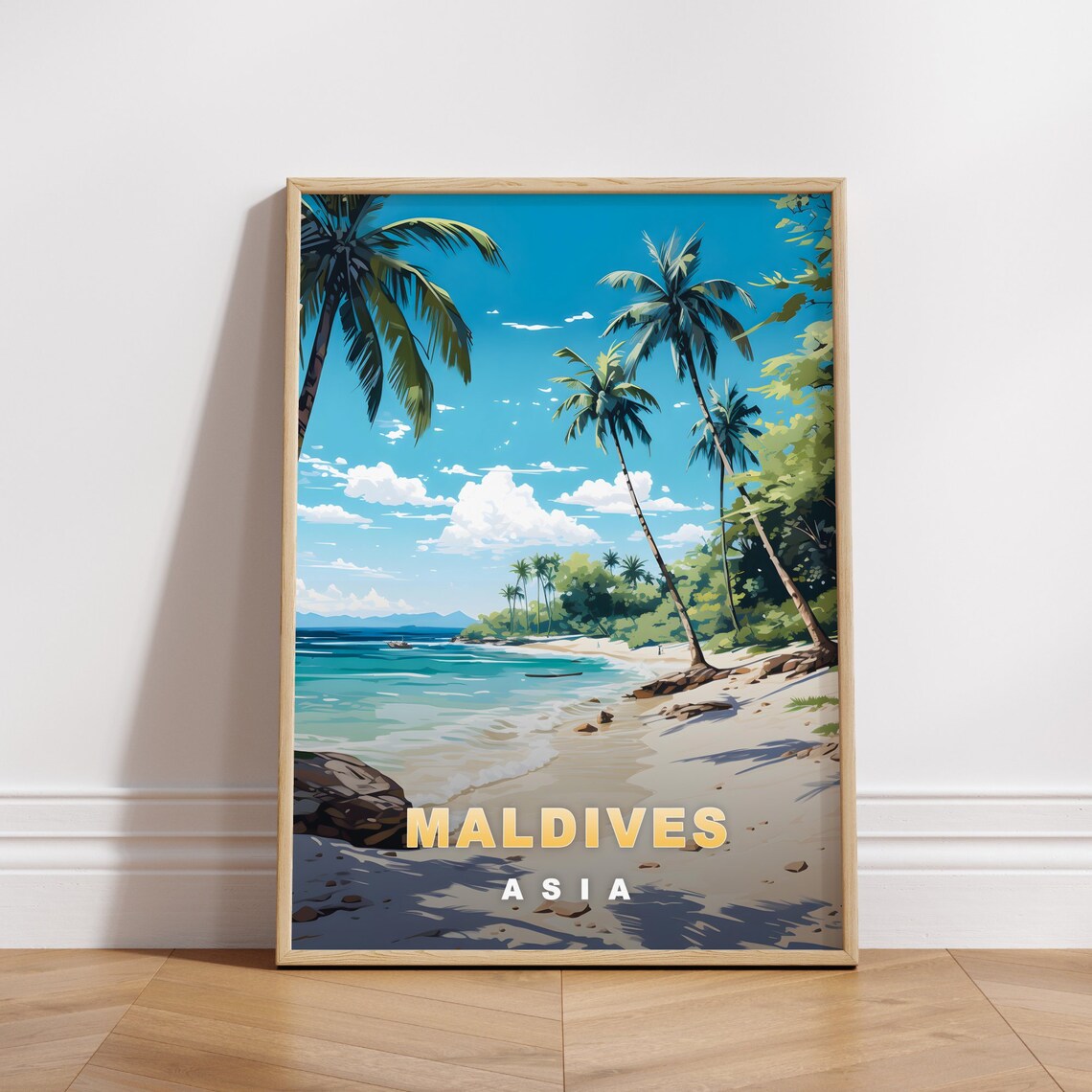Maldives Asia Palm Beach Turquoise Lagoon Retro Travel Poster