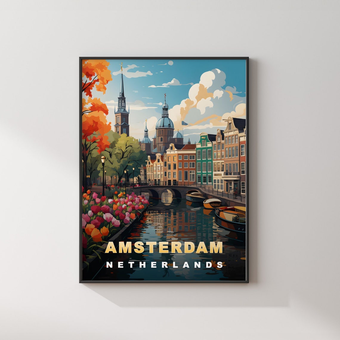 Amsterdam Netherlands Canal Tulips Church Towers Spring Travel Poster - Image 2