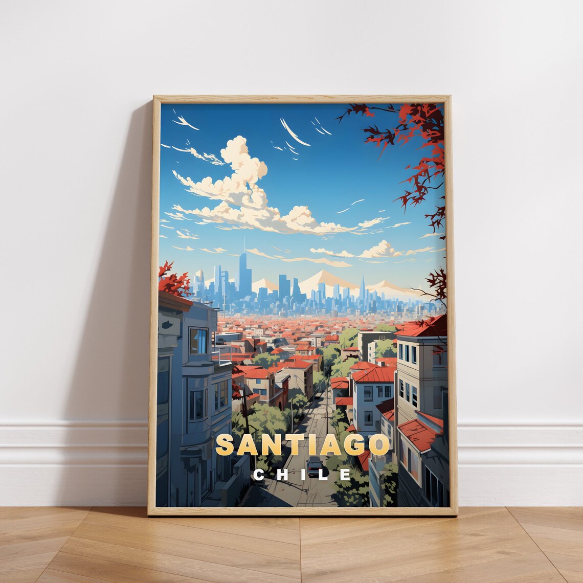 Santiago Chile Hillside Street City Skyline Andes Travel Poster