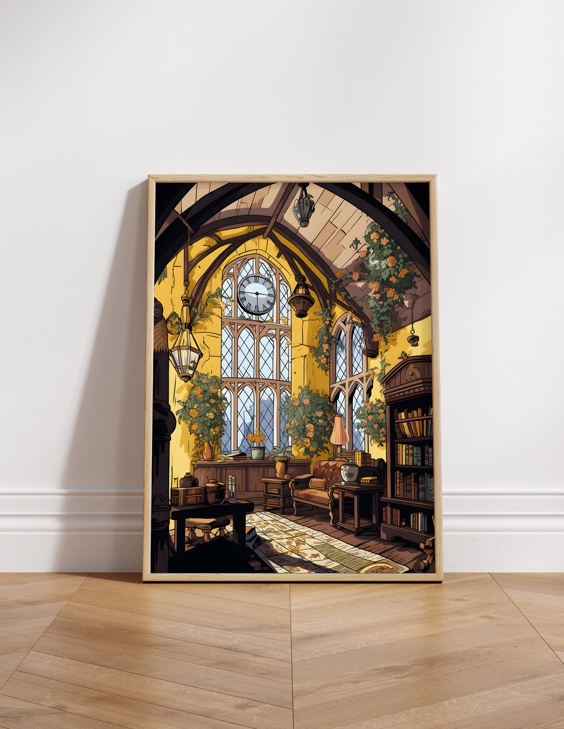 Hufflepuff Style Yellow Library Clock Cozy Fantasy Art Poster
