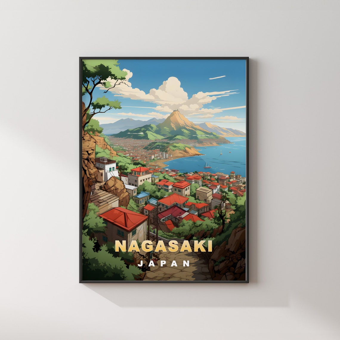 Nagasaki Japan Coastal Hillside Town Bay Retro Travel Poster - Image 2