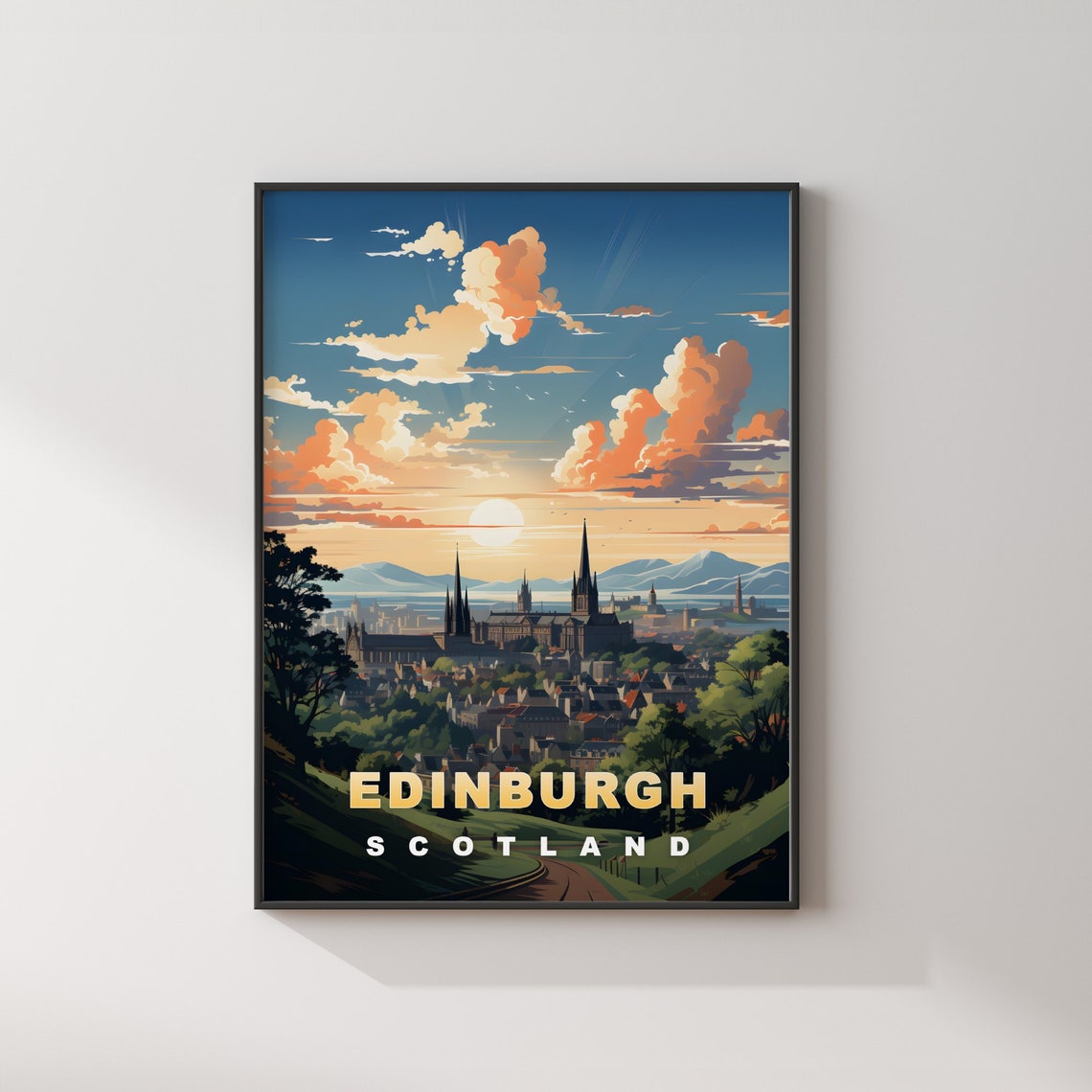 Edinburgh Scotland Retro Travel Poster Sunset Castle Skyline View - Image 2