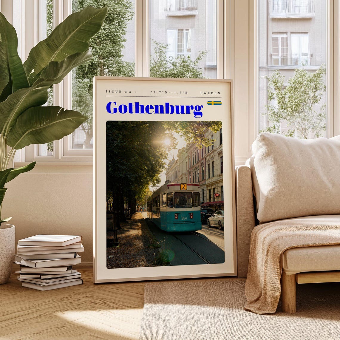 Gothenburg Sweden Vintage Blue Tram Tree Lined Street Travel Poster