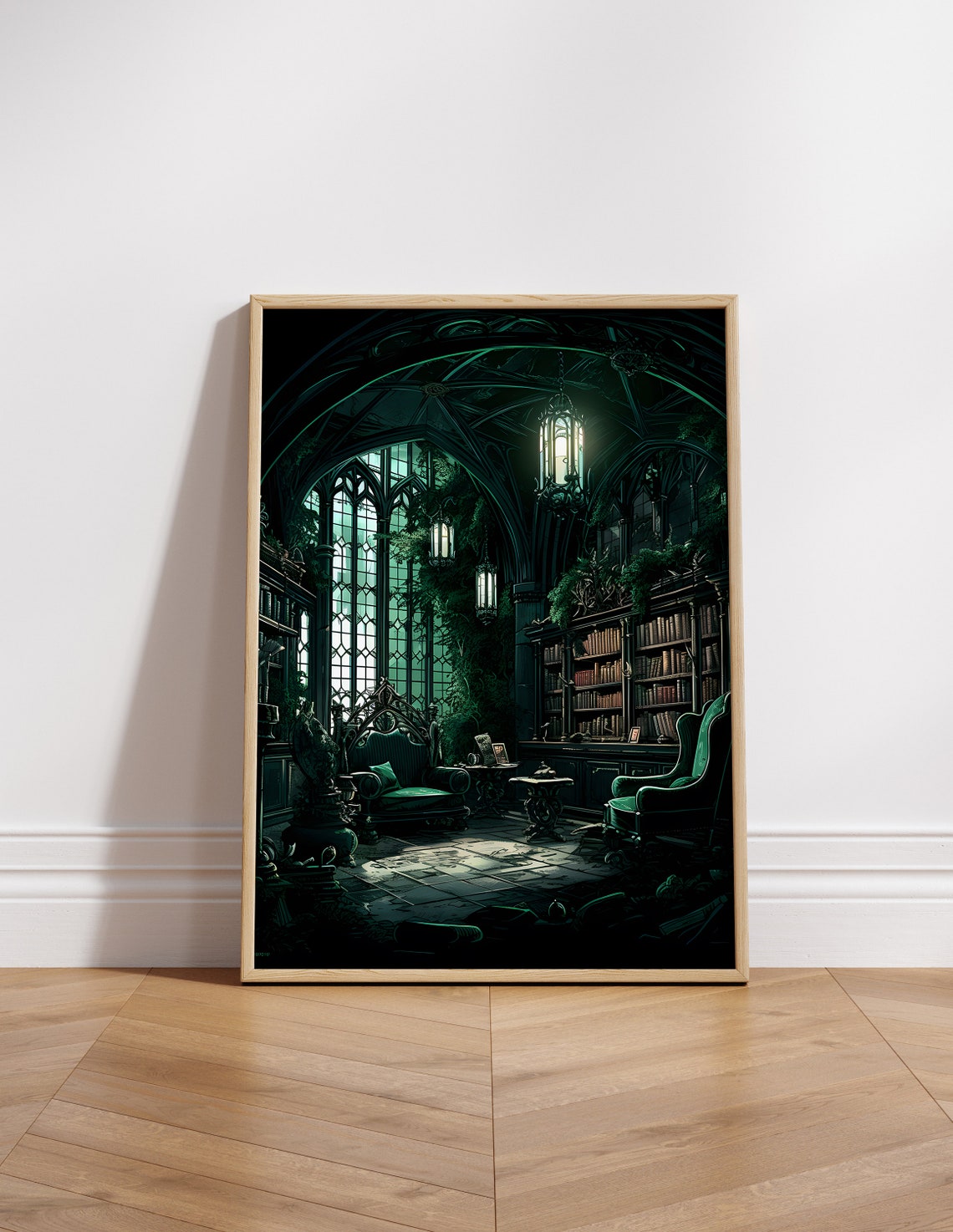 Slytherin Common Room Green Gothic Library Wizard Art Poster