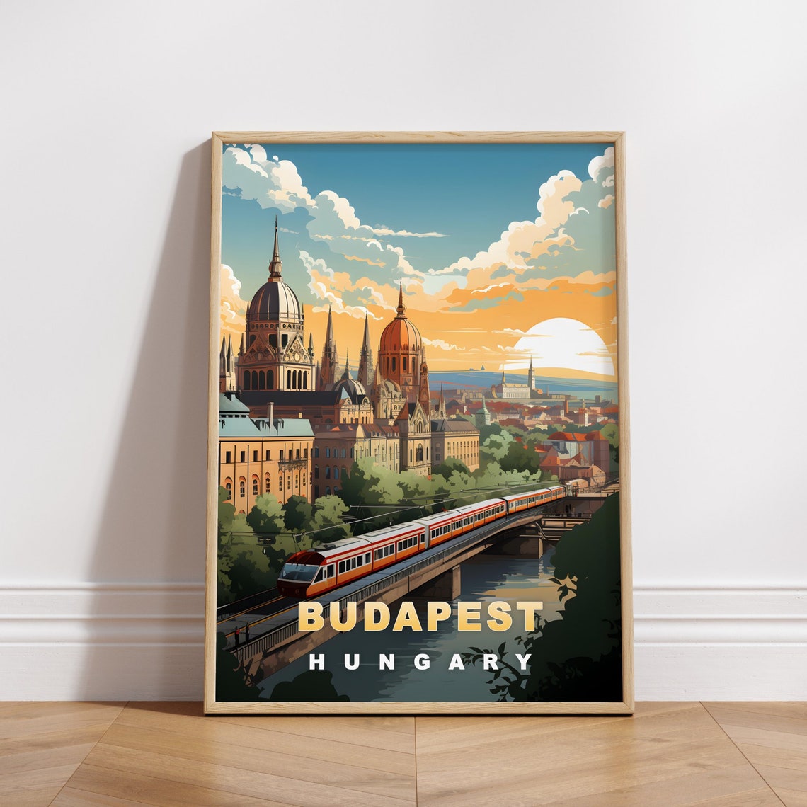 Budapest Hungary Basilica Train Bridge River Skyline Travel Poster