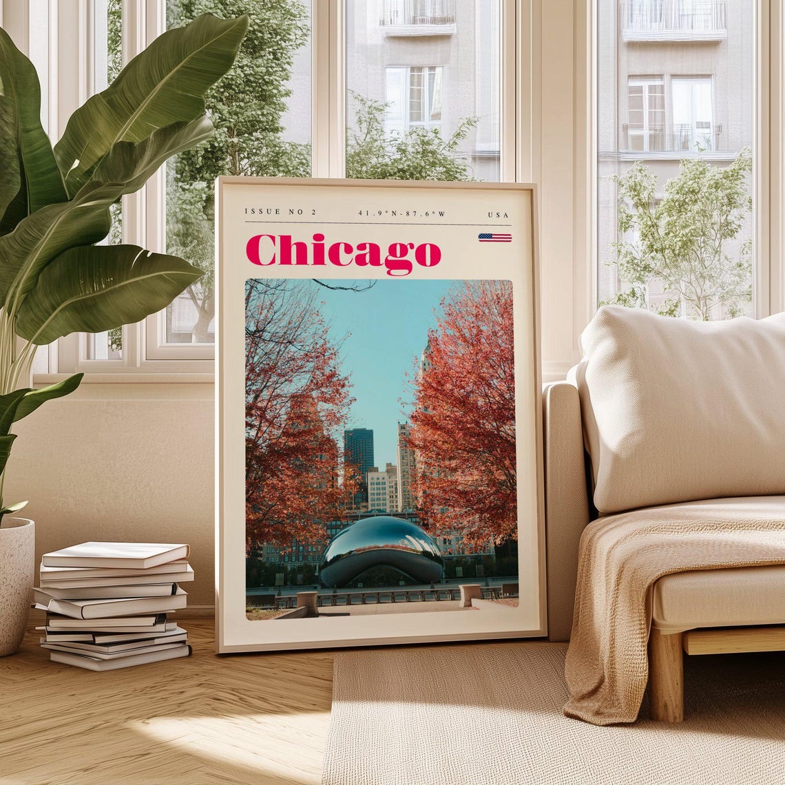 Chicago Cloud Gate Red Autumn Trees Issue 2 Retro Travel Poster