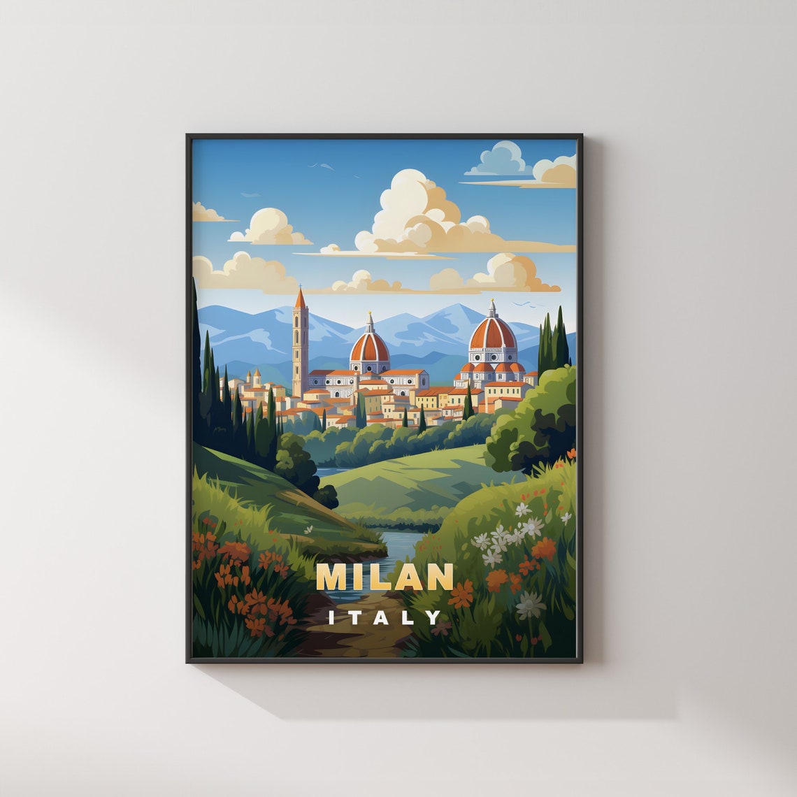 Milan Italy Domed Cathedral Green Hills Retro Travel Poster Decor Art - Image 2
