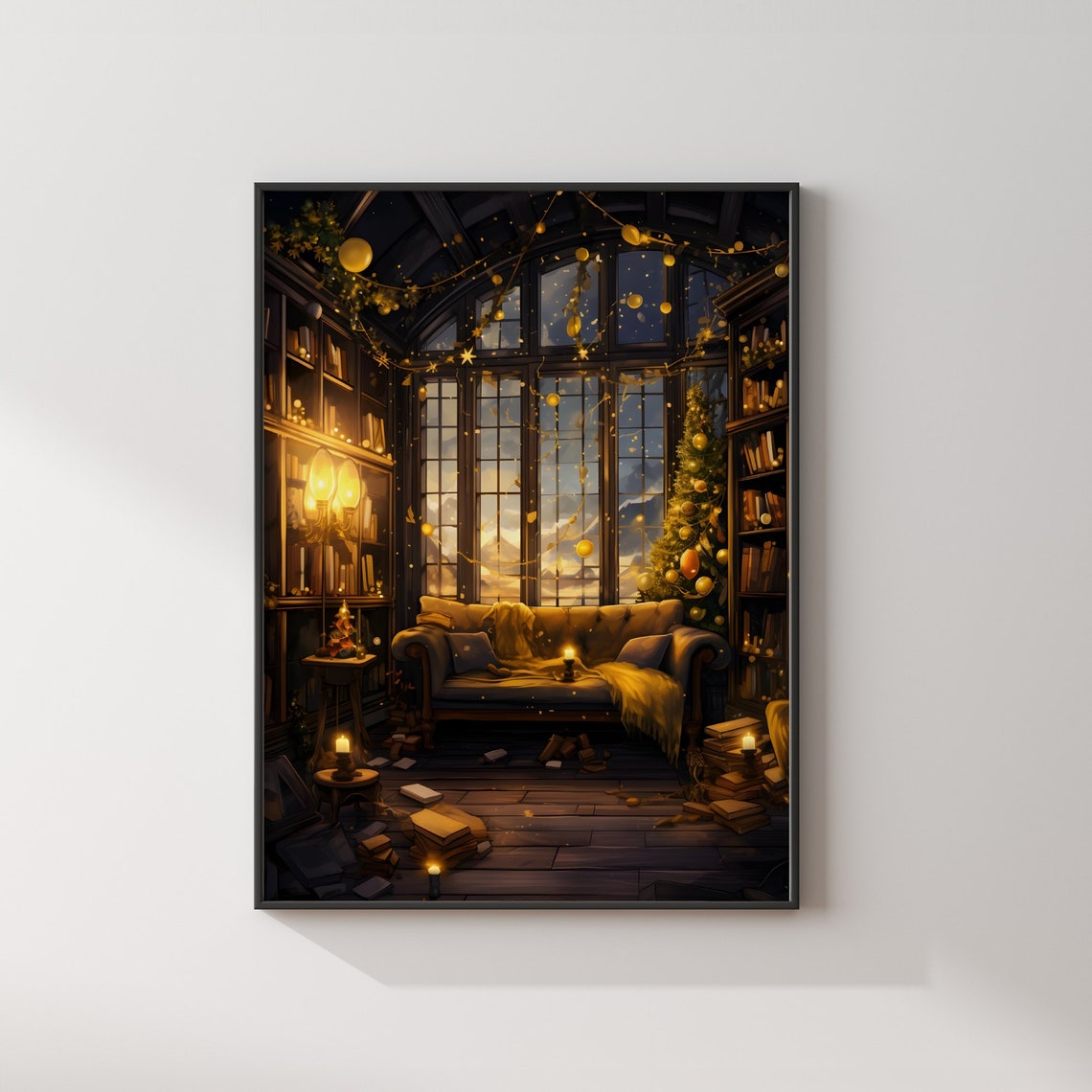 Cozy Wizard Common Room Christmas Night Library Fantasy Poster - Image 2