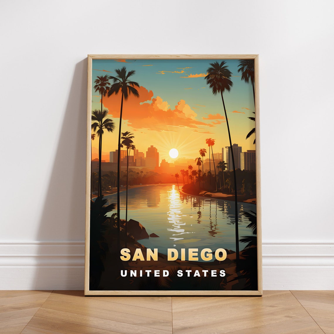 San Diego Bay Sunset Palm Trees Waterfront Skyline Travel Poster