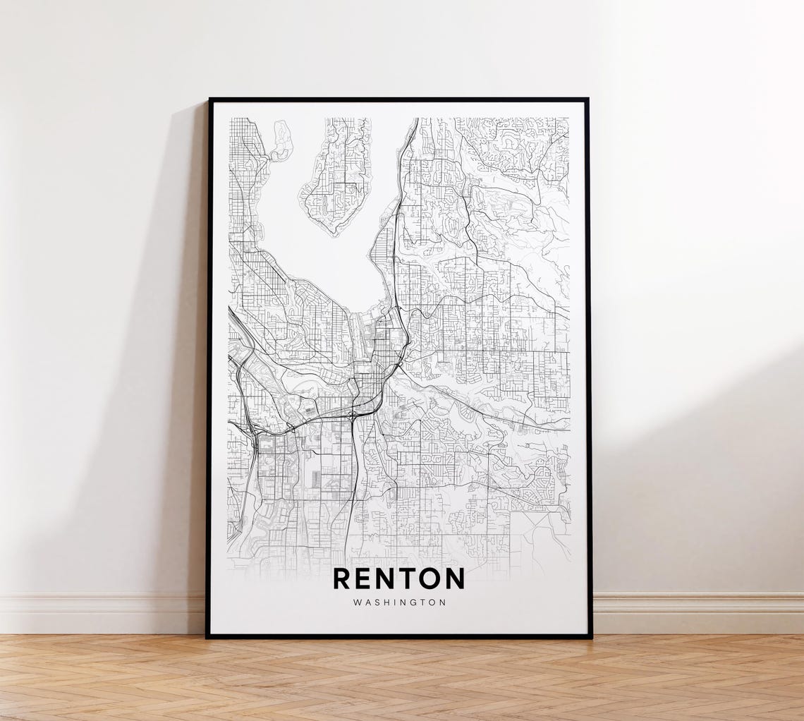 Renton City Map Print Street Poster Washington Art Road Minimalist Office Wall