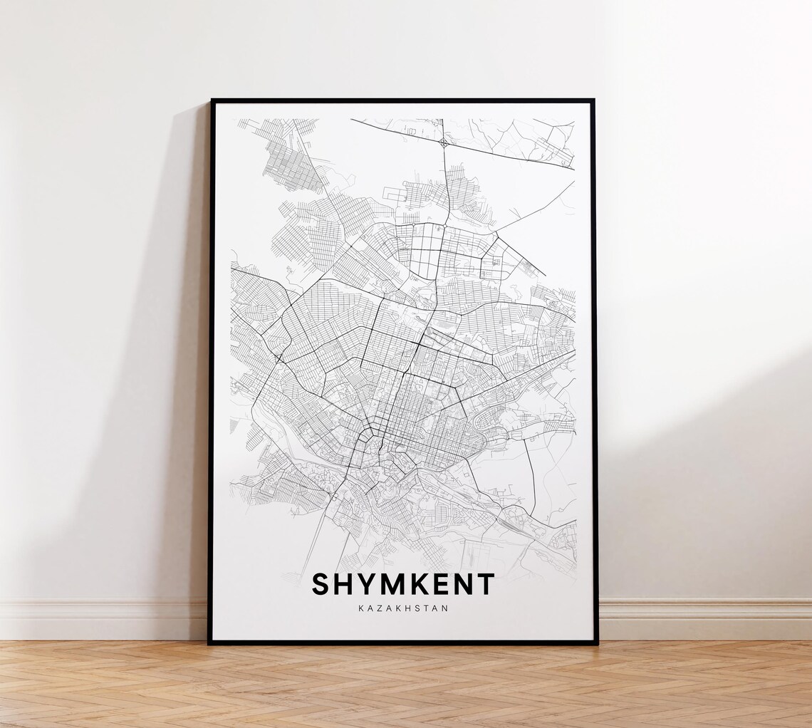 Minimalist Black White Shymkent Kazakhstan City Street Map Poster