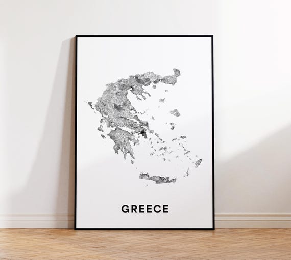 Greece Map Print Street Art Country Poster Black And White Minimalist Wall