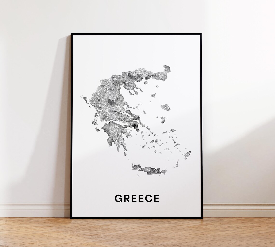 Greece Country Outline Minimalist Black White Map Street Art Print