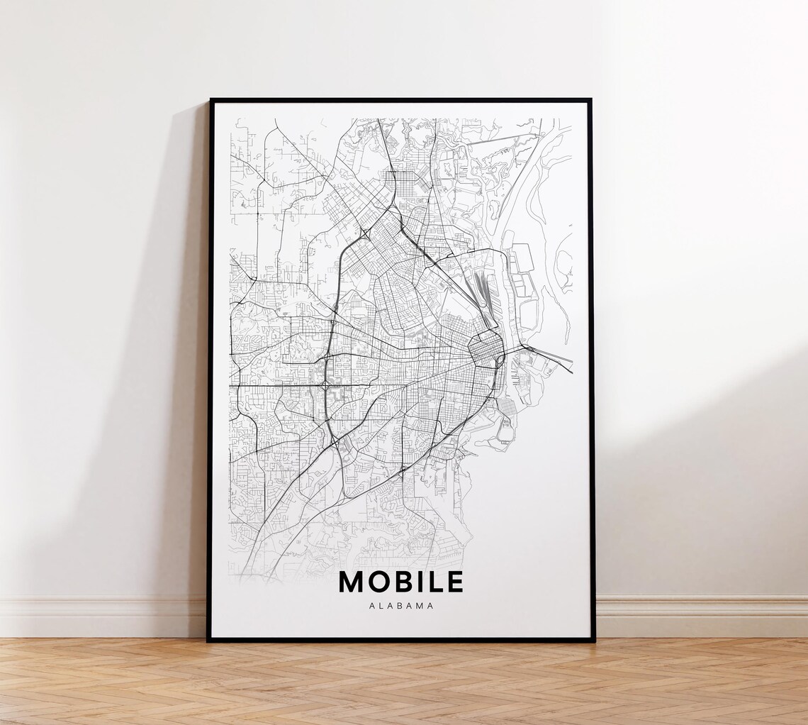 Mobile Alabama City Street Map Minimalist Black And White Poster