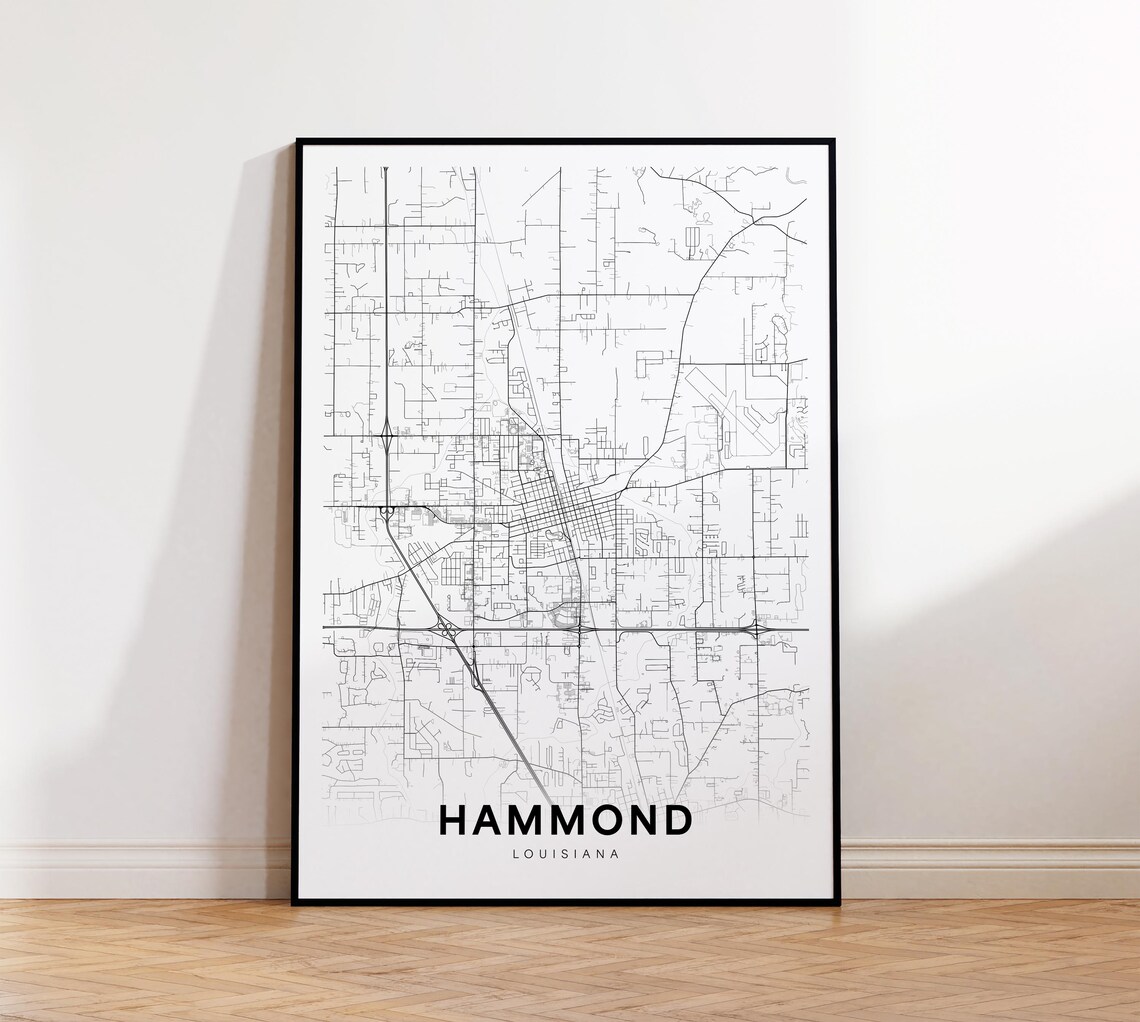 Hammond Louisiana Minimalist Black White City Map Street Poster