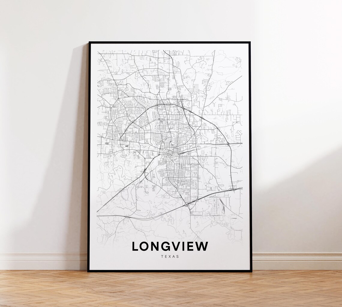 Longview Texas Minimalist City Street Map Poster Black White Road Art
