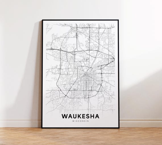 Waukesha City Map Poster Street Wisconsin Art Road Print Wall Gift For Friend Home Decor
