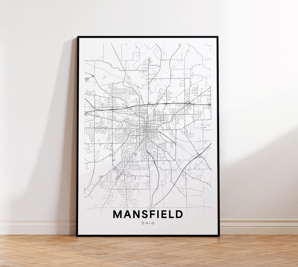 Mansfield Ohio Minimalist Black and White City Street Map Poster