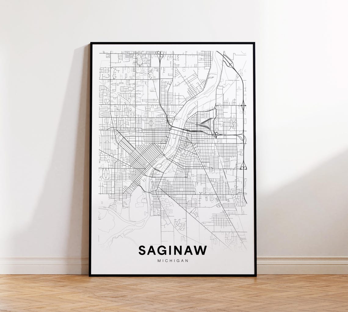 Saginaw Michigan Minimalist Black and White City Map Art Poster