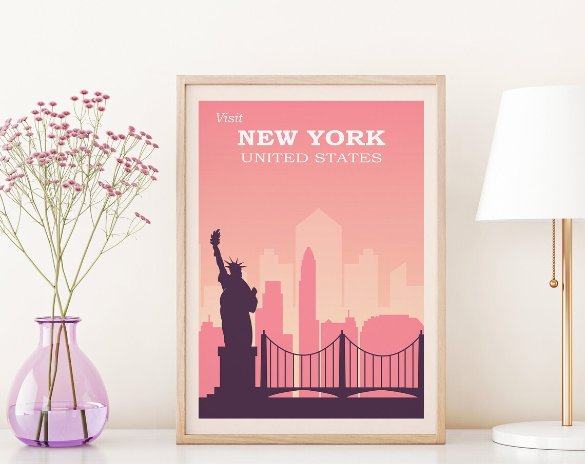 New York Pink Retro Statue of Liberty Skyline Travel Art Poster