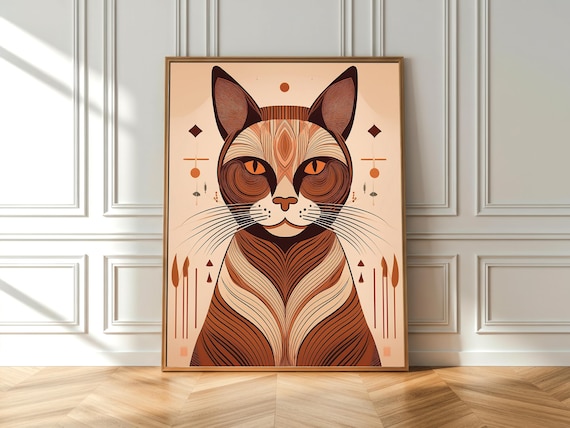 Geometric Cat Art Print Abstract Minimalist Boho Wall Decor