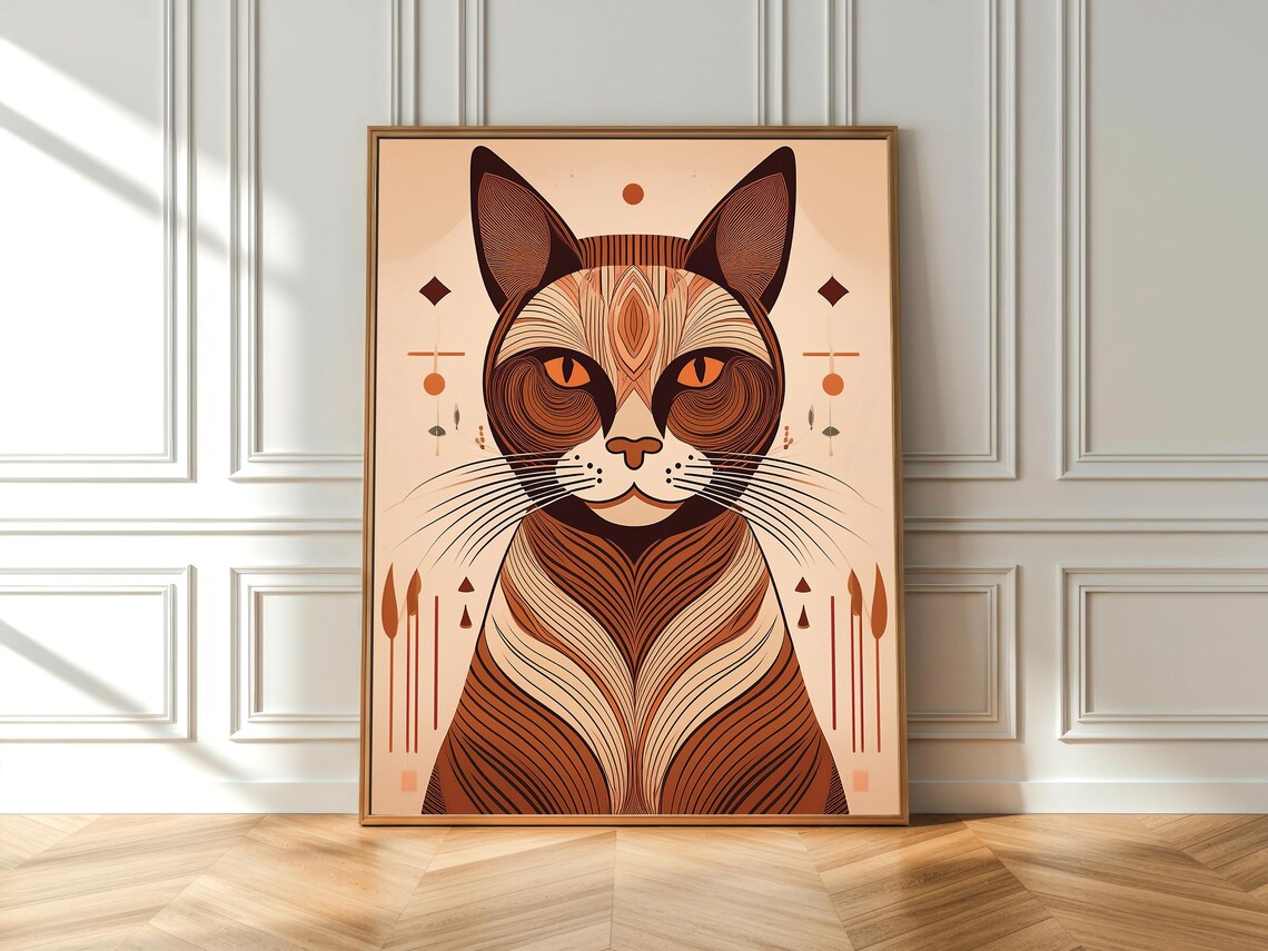 Geometric Cat Art Print Abstract Minimalist Boho Wall Decor