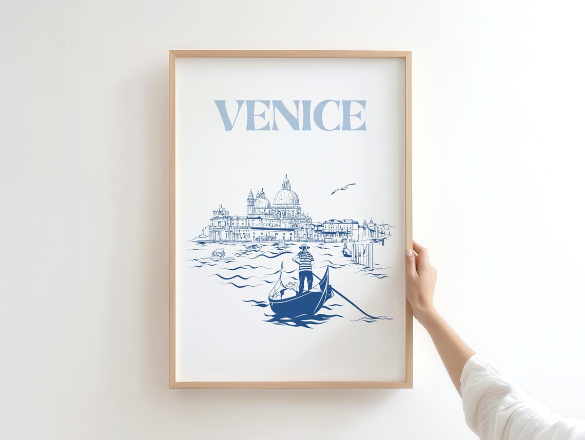Venice Gondolier Blue Line Art Italy Canal Minimalist Travel Poster
