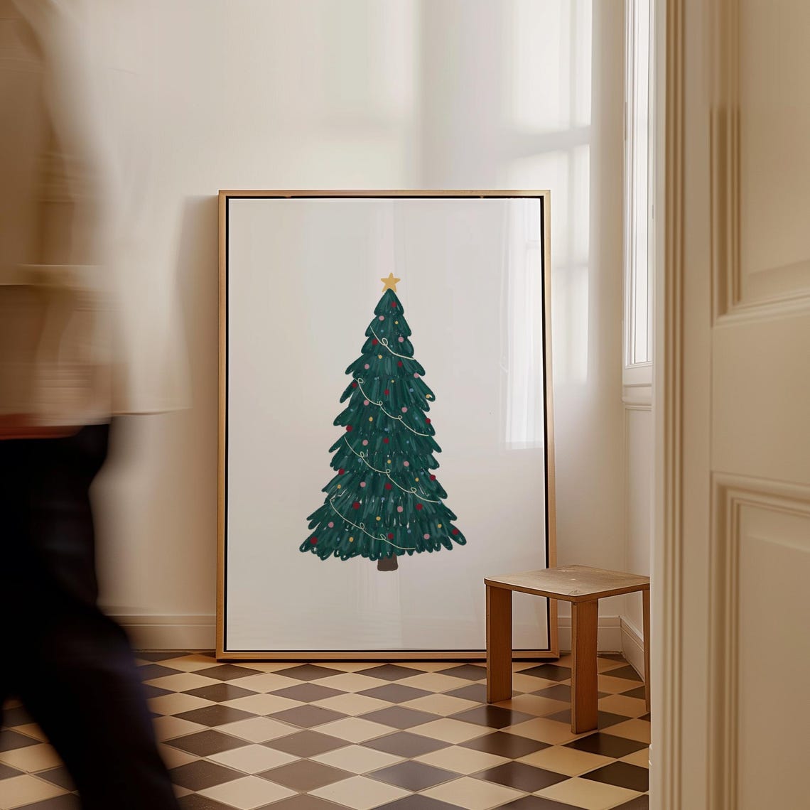 Minimalist Watercolor Christmas Tree Gold Star Holiday Art Print - Image 2