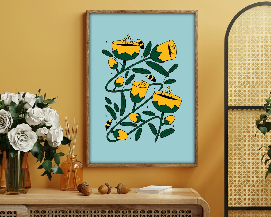 Modern Bee And Flower Line Art, Minimal Nature