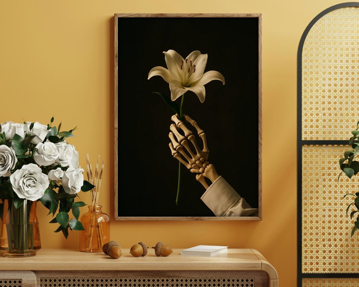 Skeleton Hand Holding Lily, Dark Floral Surreal Art Print
