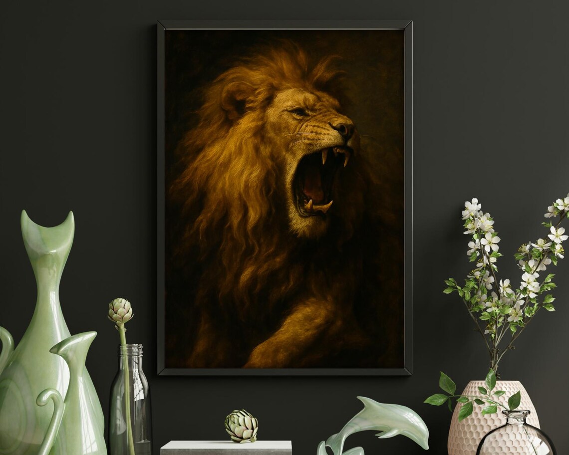 Majestic Roaring Lion Portrait, Vintage Animal Art Print - Image 4