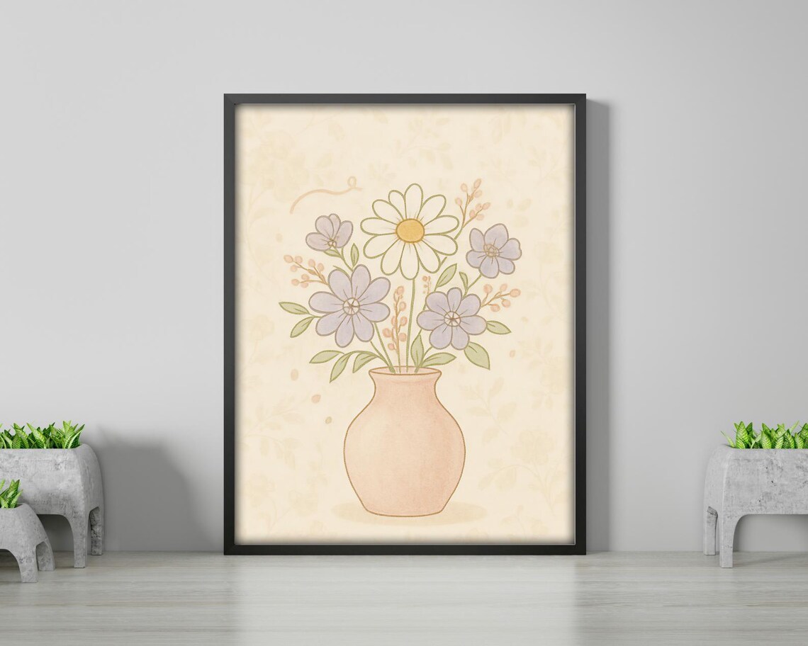 Soft Floral Bouquet in Vase, Pastel Line Art
