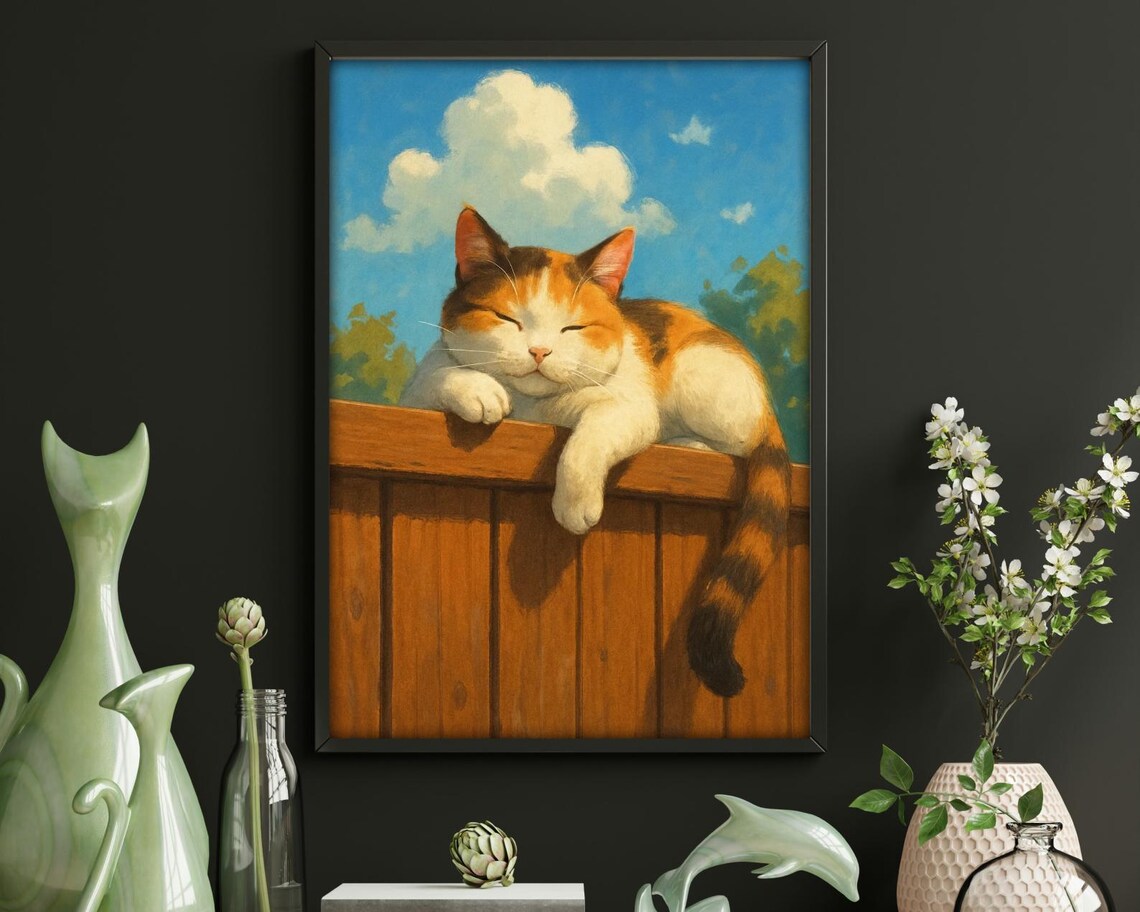 Lazy Cat Afternoon Cozy Calico On Fence Art Print - Image 2