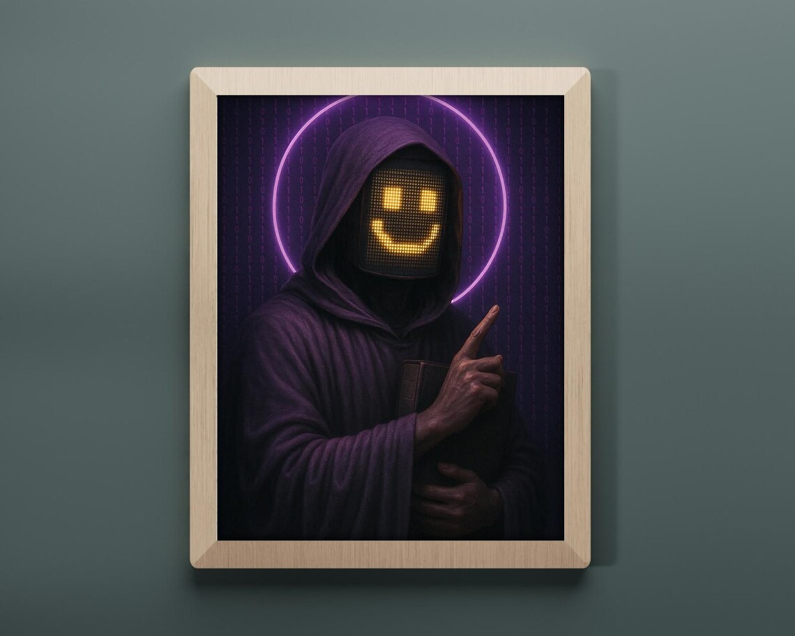 Cyber Monk With Smiley Face Art Print - Image 2