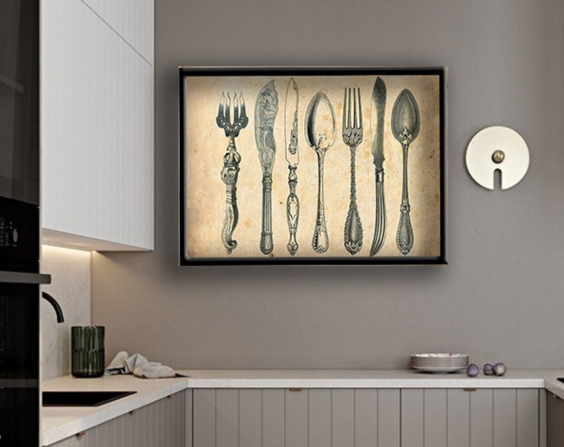 Vintage Antique Silverware Forks Knives Spoons Parchment Wall Poster