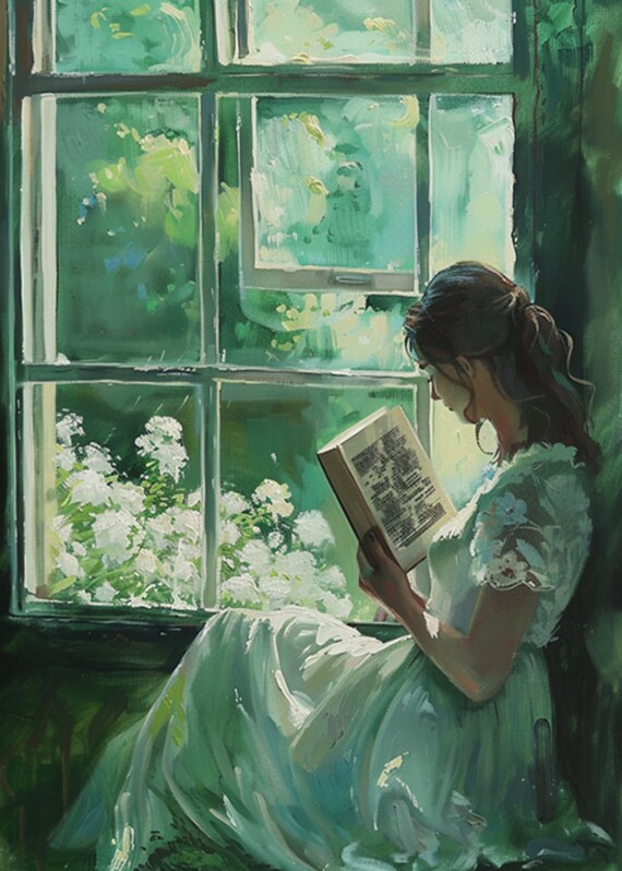 Woman Reading Among Houseplants by the Window Oil Art Poster