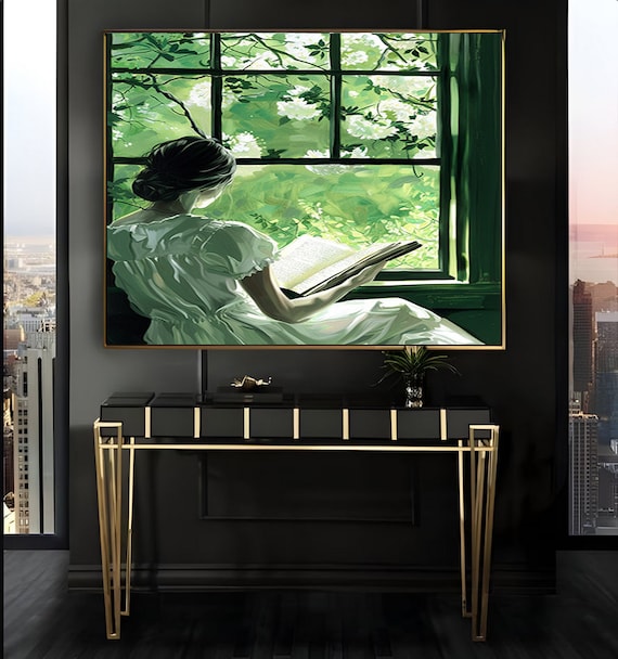 Woman Reading at a Green Window Vintage Impressionist Poster