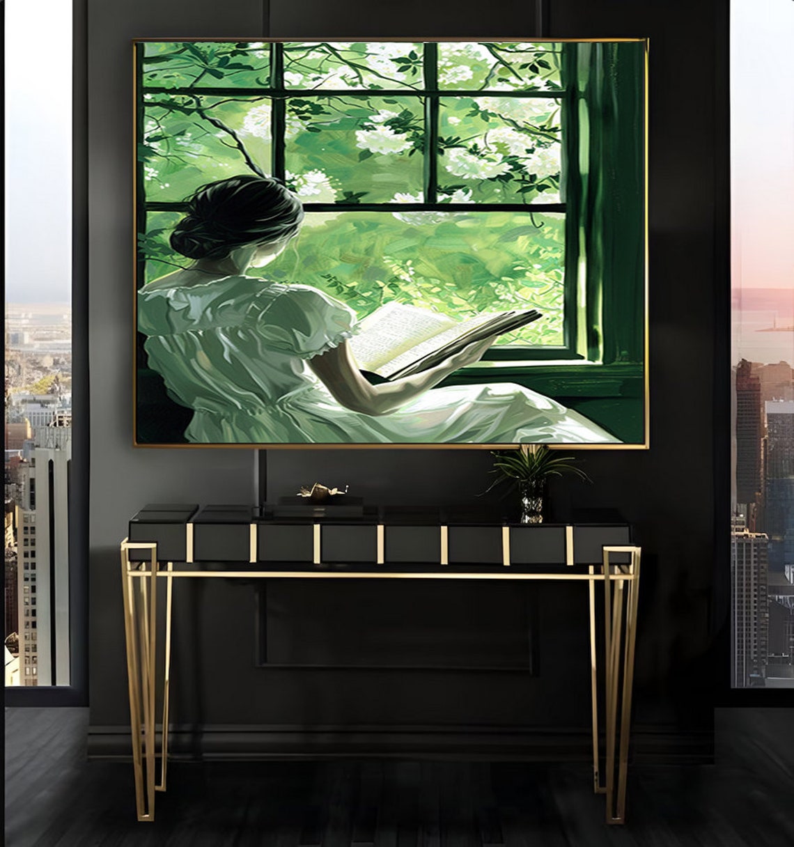 Woman Reading at a Green Window Vintage Impressionist Poster