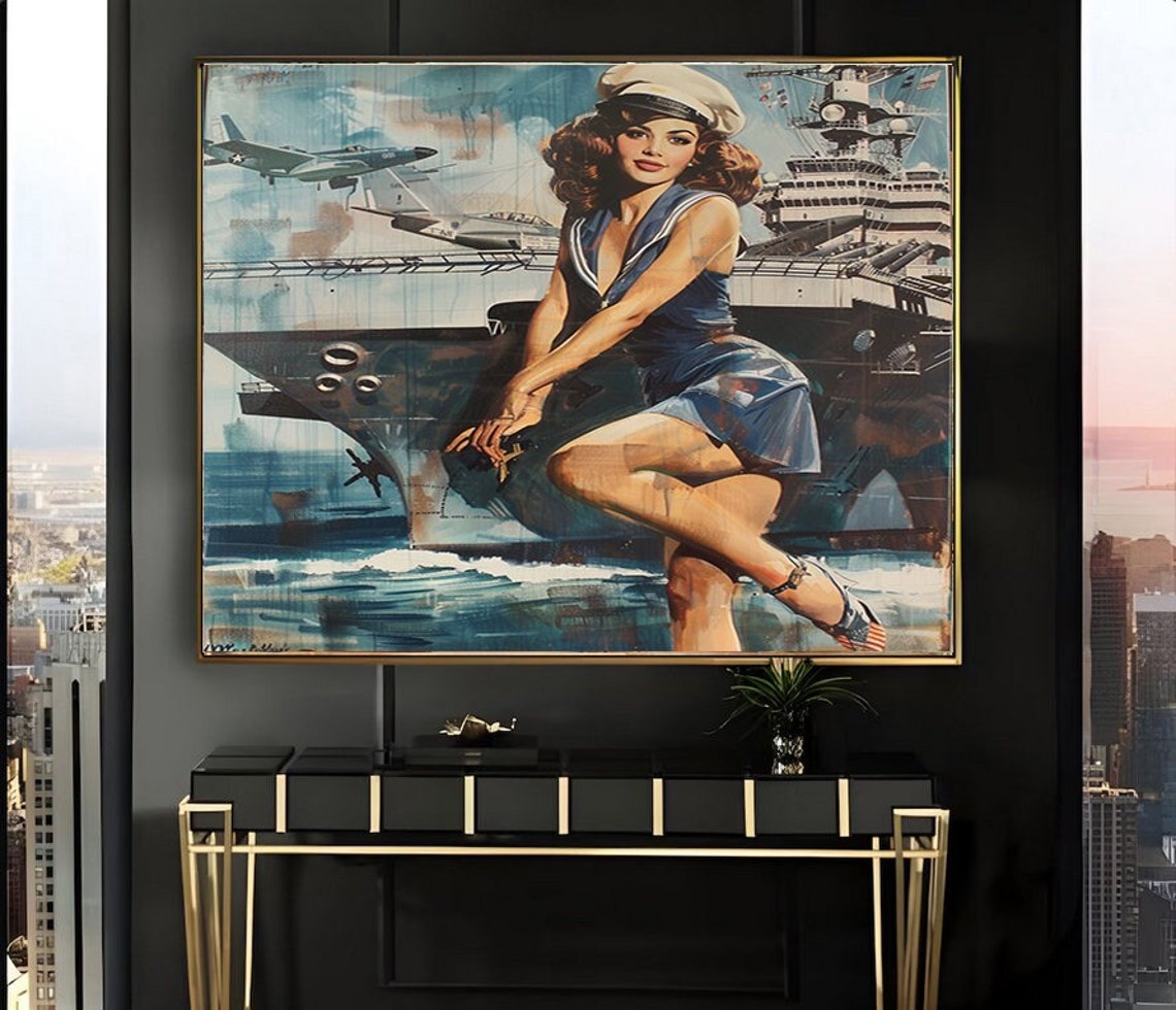 Sailor Pinup Girl with Fighter Jets and Aircraft Carrier Poster
