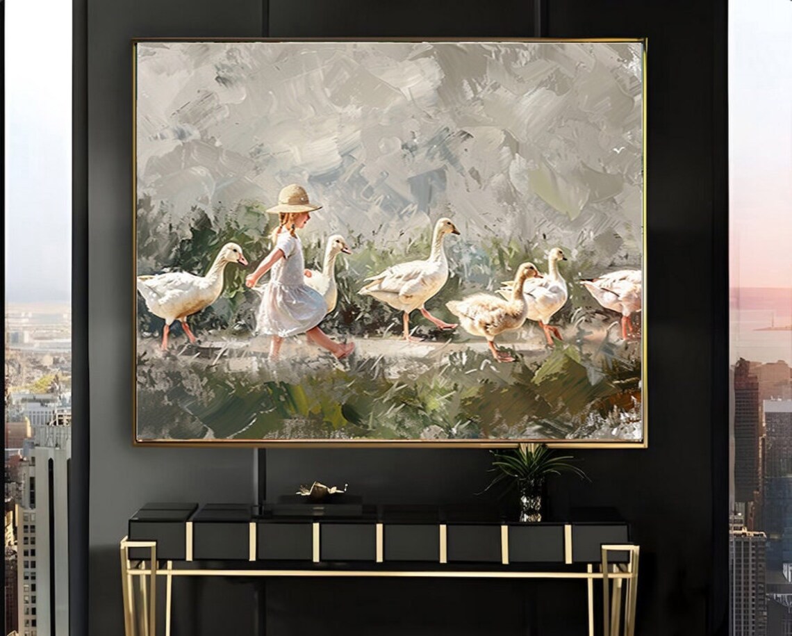 Girl Running with White Geese in Green Pasture Painting Poster