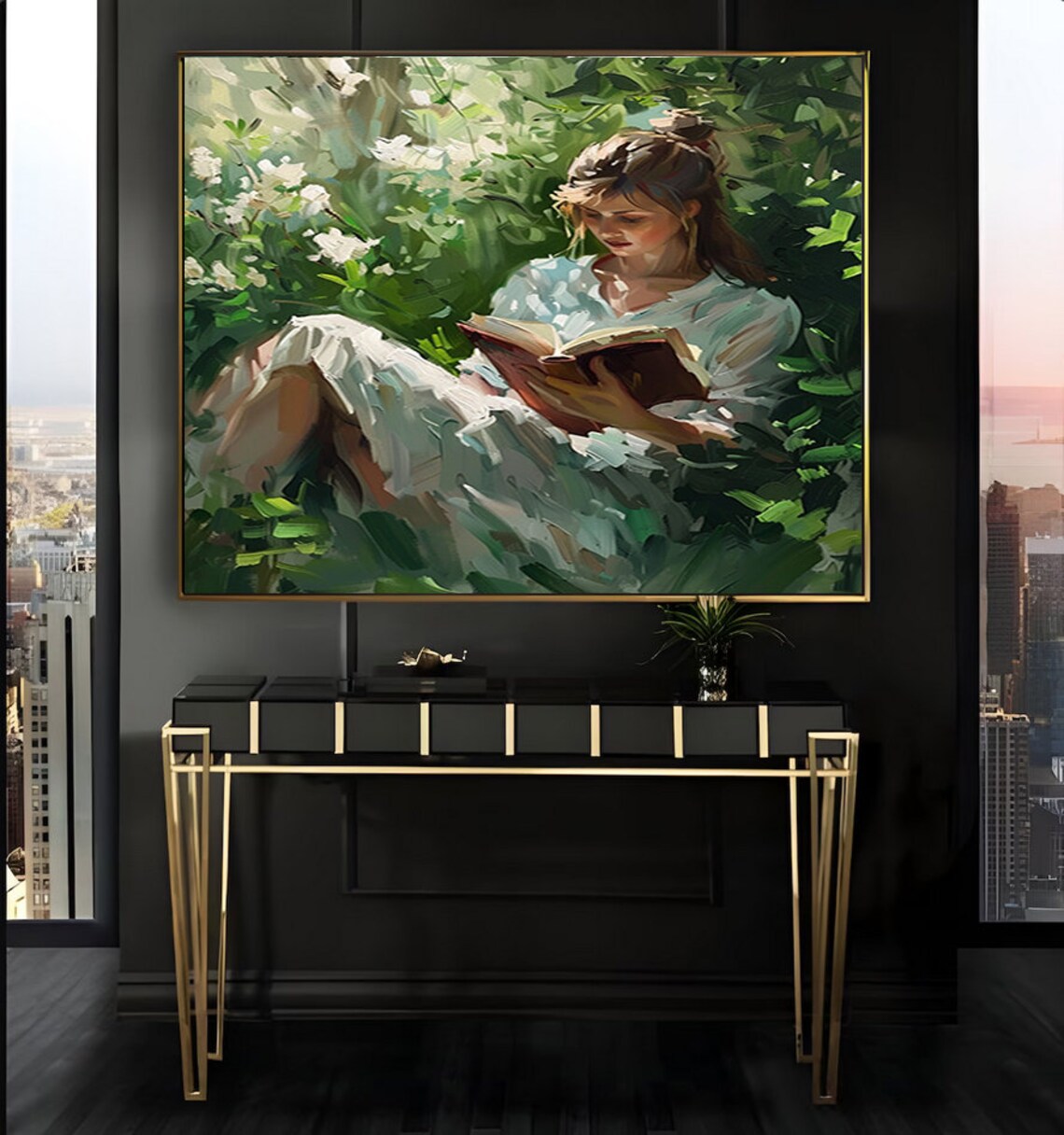 Woman Reading Among White Blossoms Vintage Oil Painting Poster - Image 2