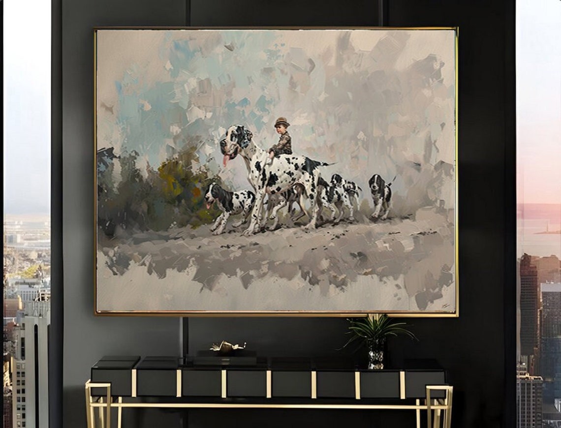 Boy Riding a Great Dane Leading Dalmatians in a Field Poster