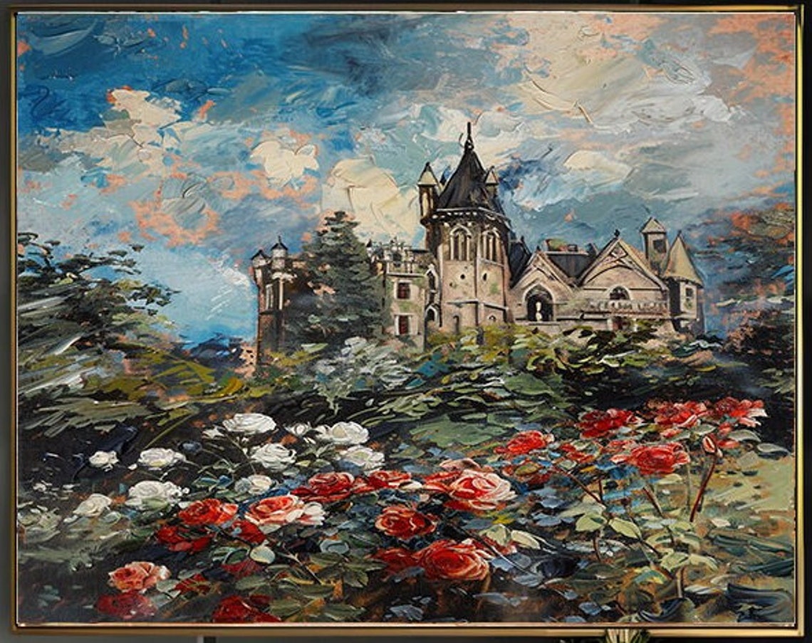 Gothic Castle Tower Rising Over Red White Rose Garden Art Poster - Image 2