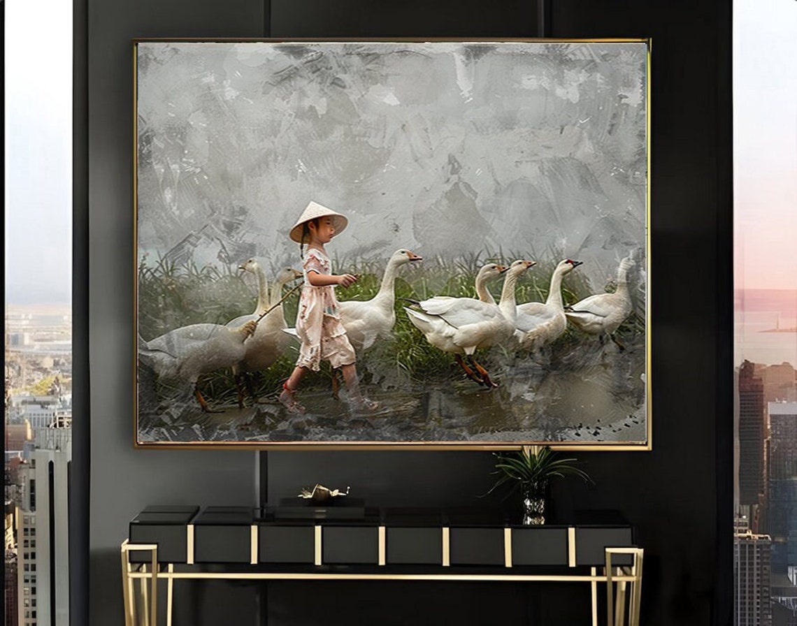 Young Girl in Straw Hat Leading White Geese Watercolor Poster
