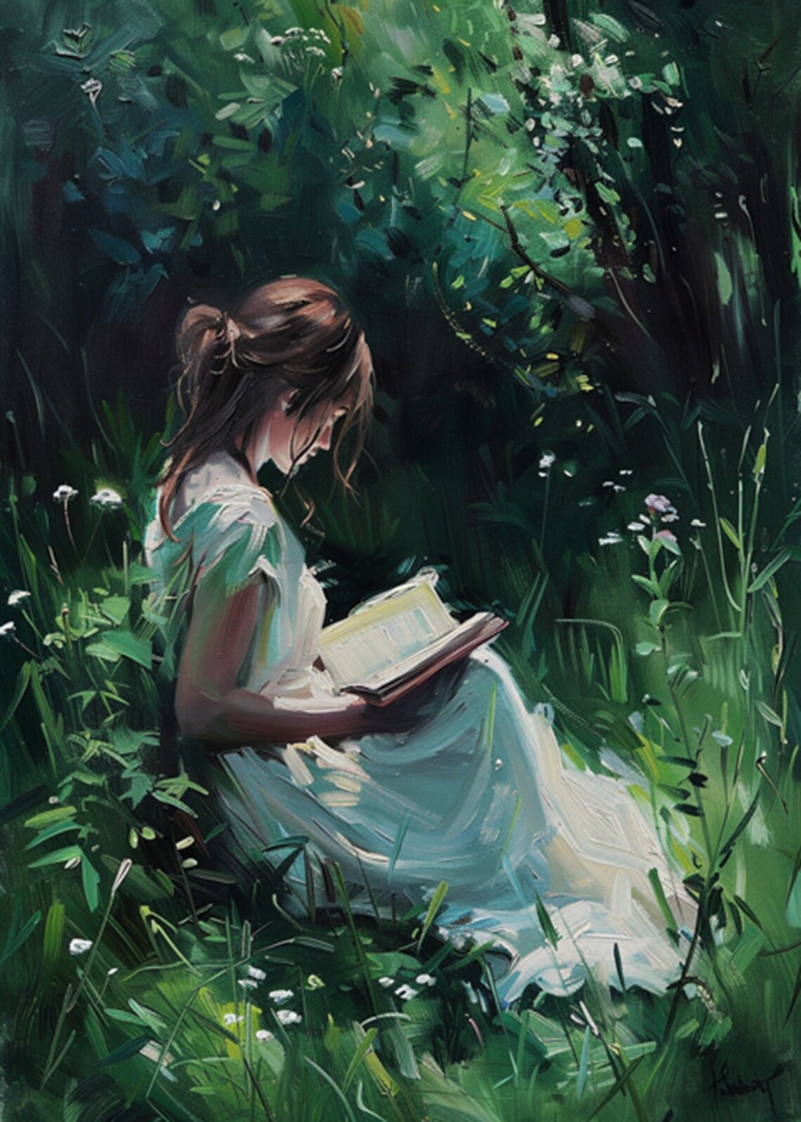 Woman Reading Alone in a Sunlit Garden Grove Oil Painting Poster - Image 2